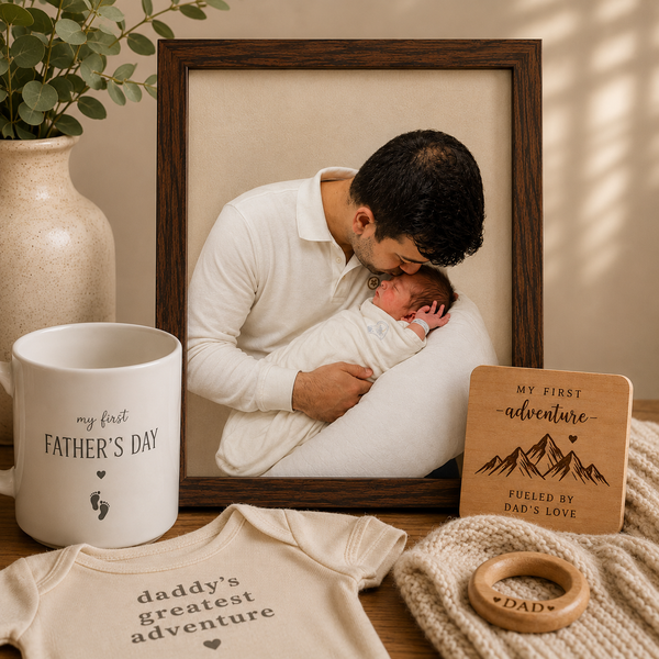 Framed first Father’s Day keepsake photo of a father holding and kissing his newborn baby surrounded by personalized gifts and cozy neutral decor