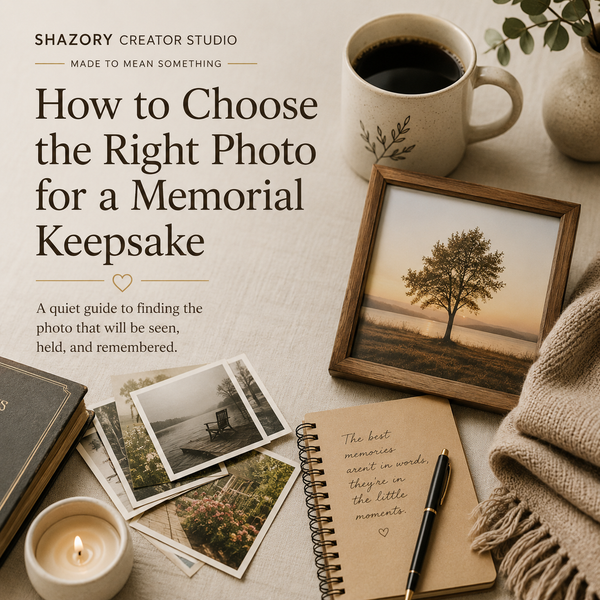 A calm memorial photo selection scene with old printed photos, a framed nature image, handwritten notes, and cozy neutral decor for choosing a meaningful keepsake photo.