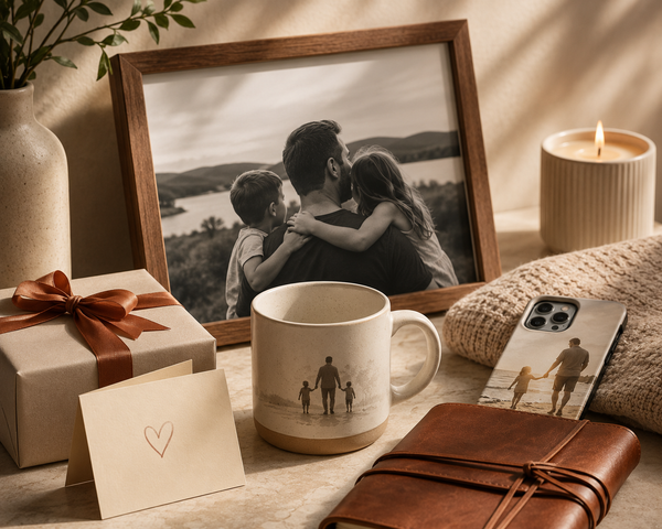 Premium Father’s Day gift still life with framed family photo, wrapped gift, candle, and personal keepsake for a Shazory Journal article on personalized Father’s Day gifts.