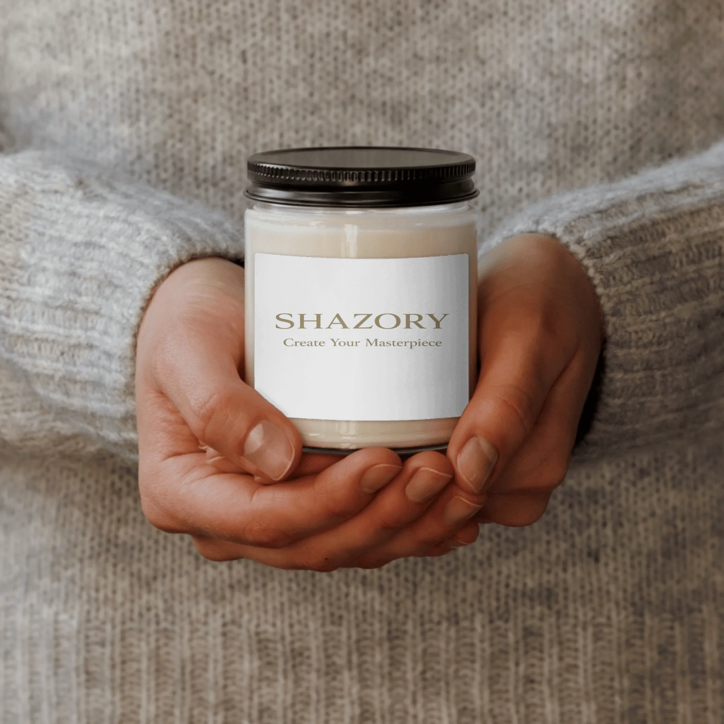 Lifestyle styling of personalized scented soy candle — candle ready for daily use