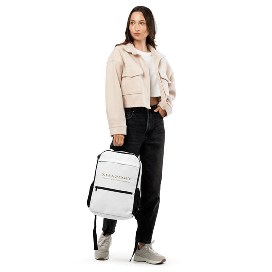 Lifestyle styling of personalized utility backpack — backpack ready for daily use