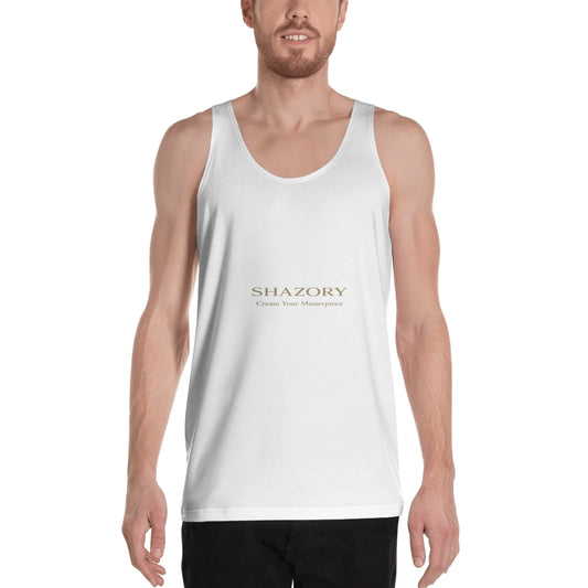 Close-up detail of custom photo print on all-over print men’s tank — polyester sublimation surface