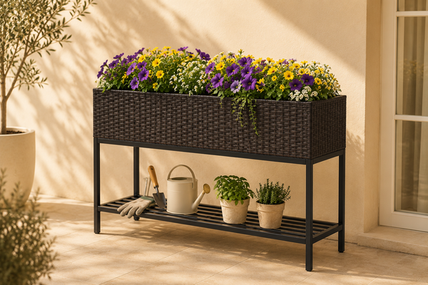 Raised Rattan Planter Box with Shelf