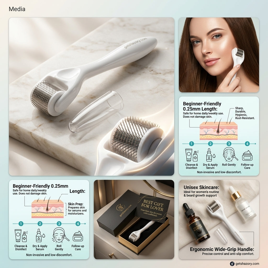 An informative collage for the Shazory 0.25mm titanium derma roller, detailing a 4-step process for non-invasive skin prep and highlighting the ergonomic wide-grip handle for precise control, available at getshazory.com