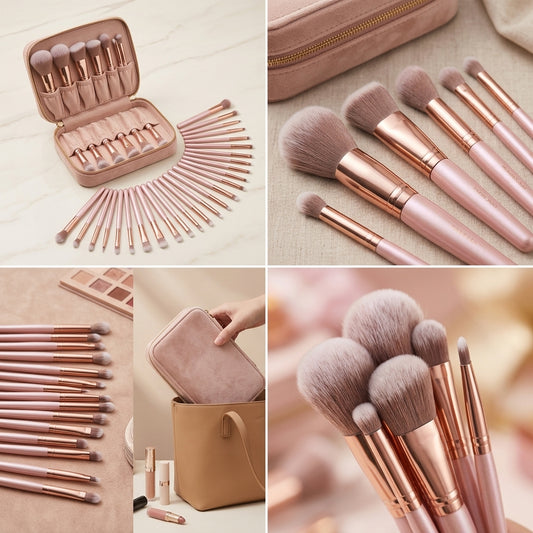 A lifestyle collage of the Shazory 23-piece rose gold mini makeup brush set, featuring close-ups of the soft bristles and the velvet travel pouch being placed into a handbag, available at getshazory.com