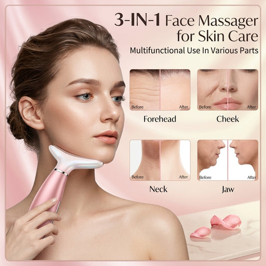 A results-focused infographic for the Shazory 3-in-1 face massager, showing before and after comparisons for the forehead, cheek, neck, and jawline to demonstrate skin smoothing and contouring benefits, available at getshazory.com