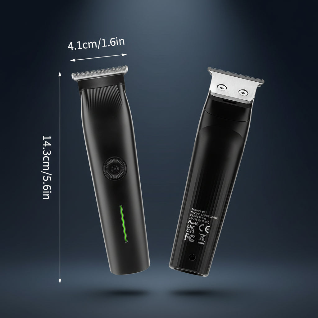 A product dimension guide for the Shazory 3-in-1 men's beard trimmer, showing a compact height of 14.3cm (5.6in) and a blade width of 4.1cm (1.6in) for easy handling and travel, available at getshazory.com