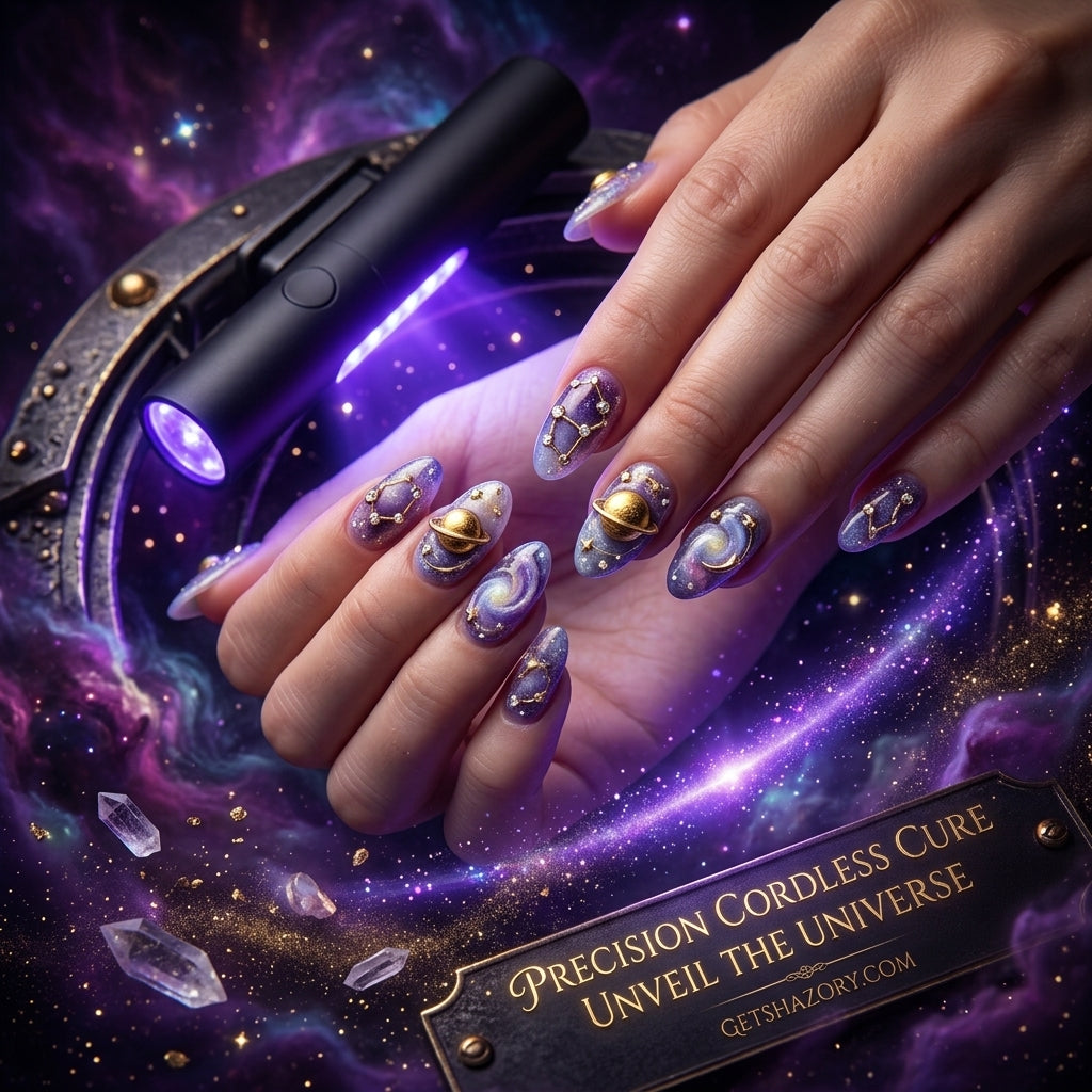 A celestial-themed promotional image for the Shazory mini cordless UV/LED nail lamp, showcasing intricate galaxy nail art with 3D planet charms being cured by the precision handheld device, available at getshazory.com
