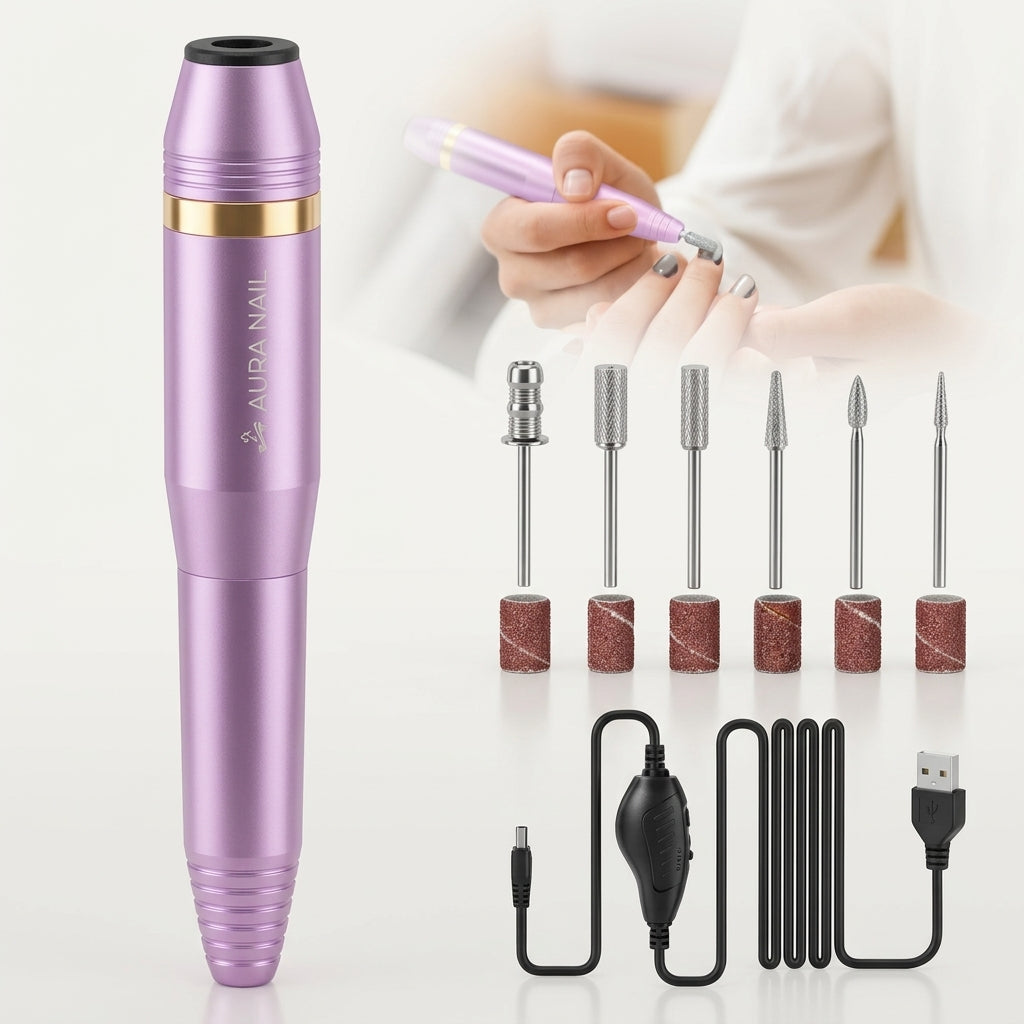 A clean product showcase of the Shazory portable electric nail drill in metallic purple, featuring the main e-file handpiece, six metal drill bits with matching sanding bands, and the USB speed controller cable, available at getshazory.com
