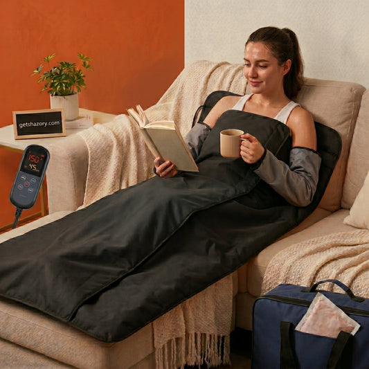 Lifestyle image of a woman relaxing in the Shazory portable infrared sauna blanket with arm sleeves, reading an e-reader in a modern living room. The black full-body thermal wrap features glowing heat zones, a digital control unit, a carrying bag, and a detox pack, available at getshazory.com