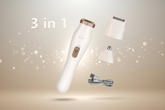 Shazory 3-in-1 women’s electric grooming kit including the main shaver, nose hair trimmer attachment, detail trimmer head, and USB charging cable, available at getshazory.com