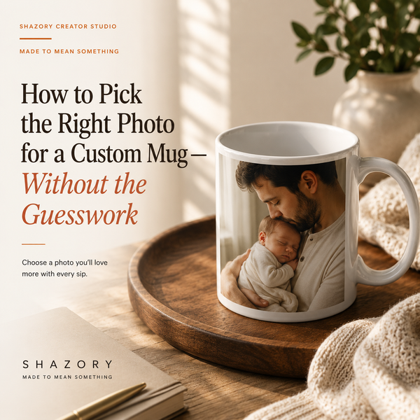 Custom white photo mug showing a father holding a newborn baby on a warm wooden tray.