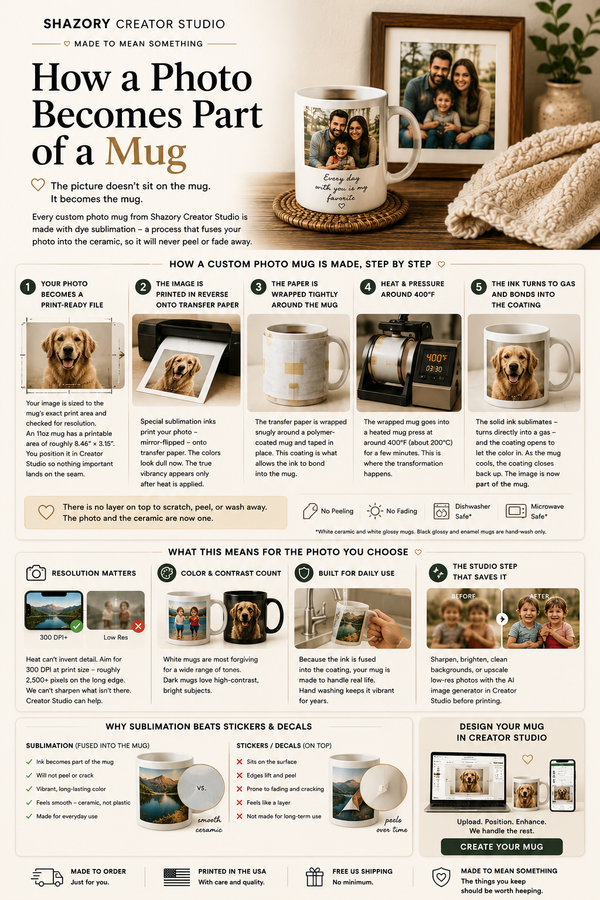 Warm Shazory Creator Studio guide image showing a custom photo mug, sublimation printing steps, transfer paper, heat press process, and how a photo becomes part of the ceramic mug.