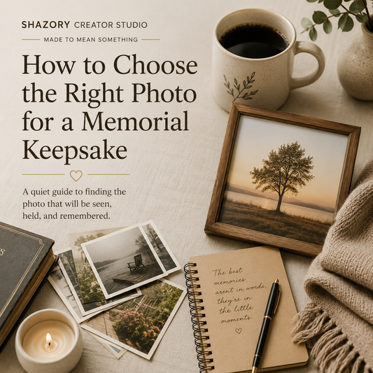 A calm memorial photo selection scene with old printed photos, a framed nature image, handwritten notes, and cozy neutral decor for choosing a meaningful keepsake photo.