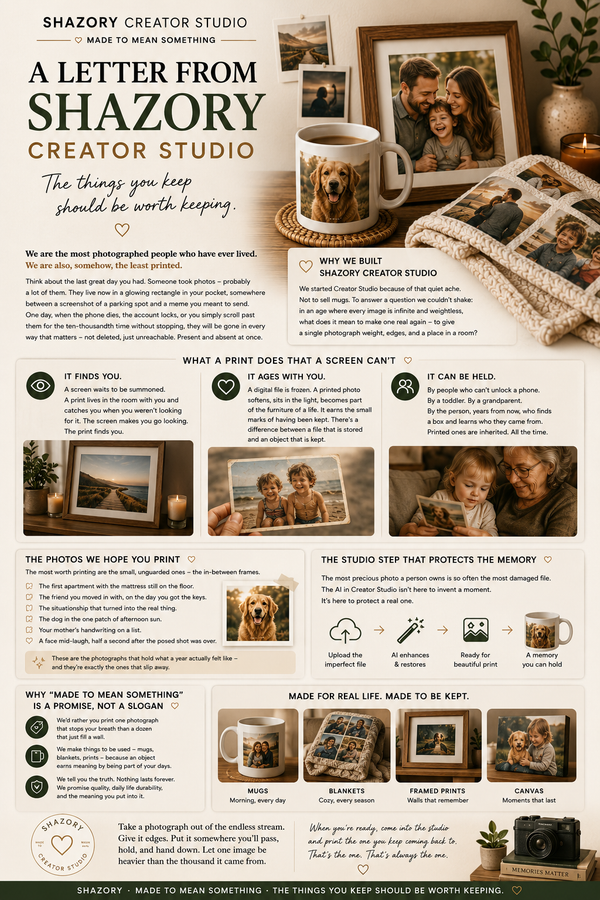 Warm editorial Shazory Creator Studio letter image showing printed photos, custom mug, framed family picture, blanket, candle, and keepsakes that turn digital memories into physical objects.