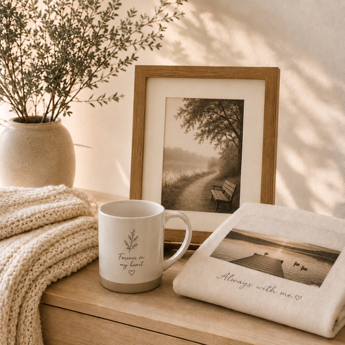 Soft neutral memorial gift setup with a framed photo, custom mug, and folded fabric keepsake, showing thoughtful ways to remember a loved one without using a direct human face.