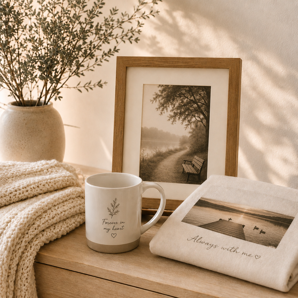 Soft neutral memorial gift setup with a framed photo, custom mug, and folded fabric keepsake, showing thoughtful ways to remember a loved one without using a direct human face.