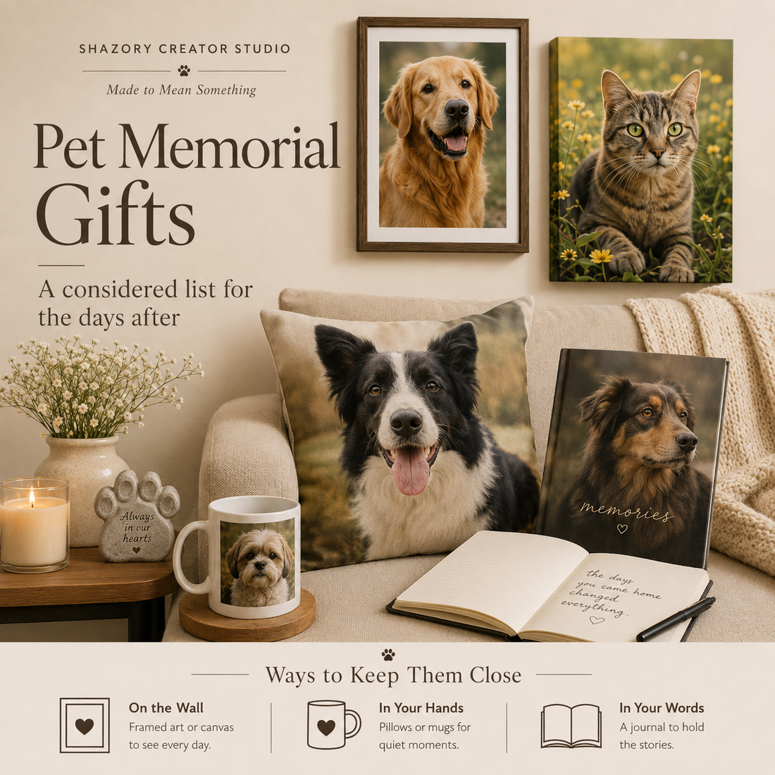 Shazory Creator Studio pet memorial gifts featuring custom framed pet art, canvas, photo pillow, mug and journal.