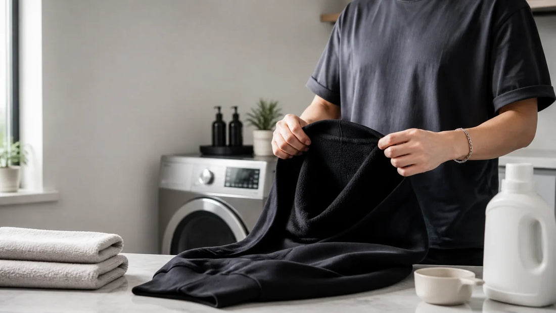 Person preparing a dark hoodie for gentle washing in a modern laundry room