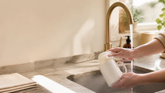 Hands gently washing a plain ceramic mug with a soft sponge
