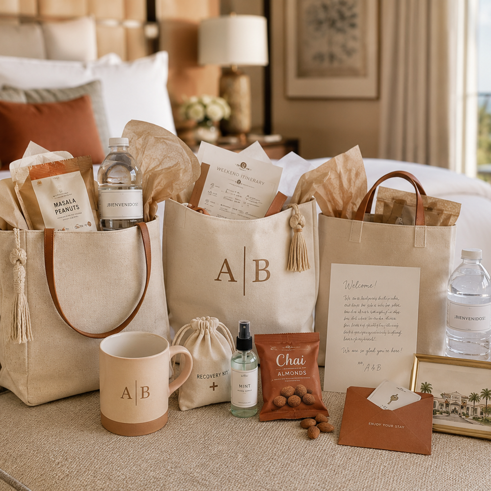 Premium wedding welcome bags arranged in a hotel room with water bottles, snacks, itinerary cards, handwritten notes, recovery kit, custom mug, and personalized keepsake items for wedding guests.