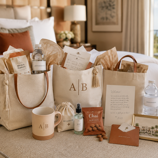Premium wedding welcome bags arranged in a hotel room with water bottles, snacks, itinerary cards, handwritten notes, recovery kit, custom mug, and personalized keepsake items for wedding guests.