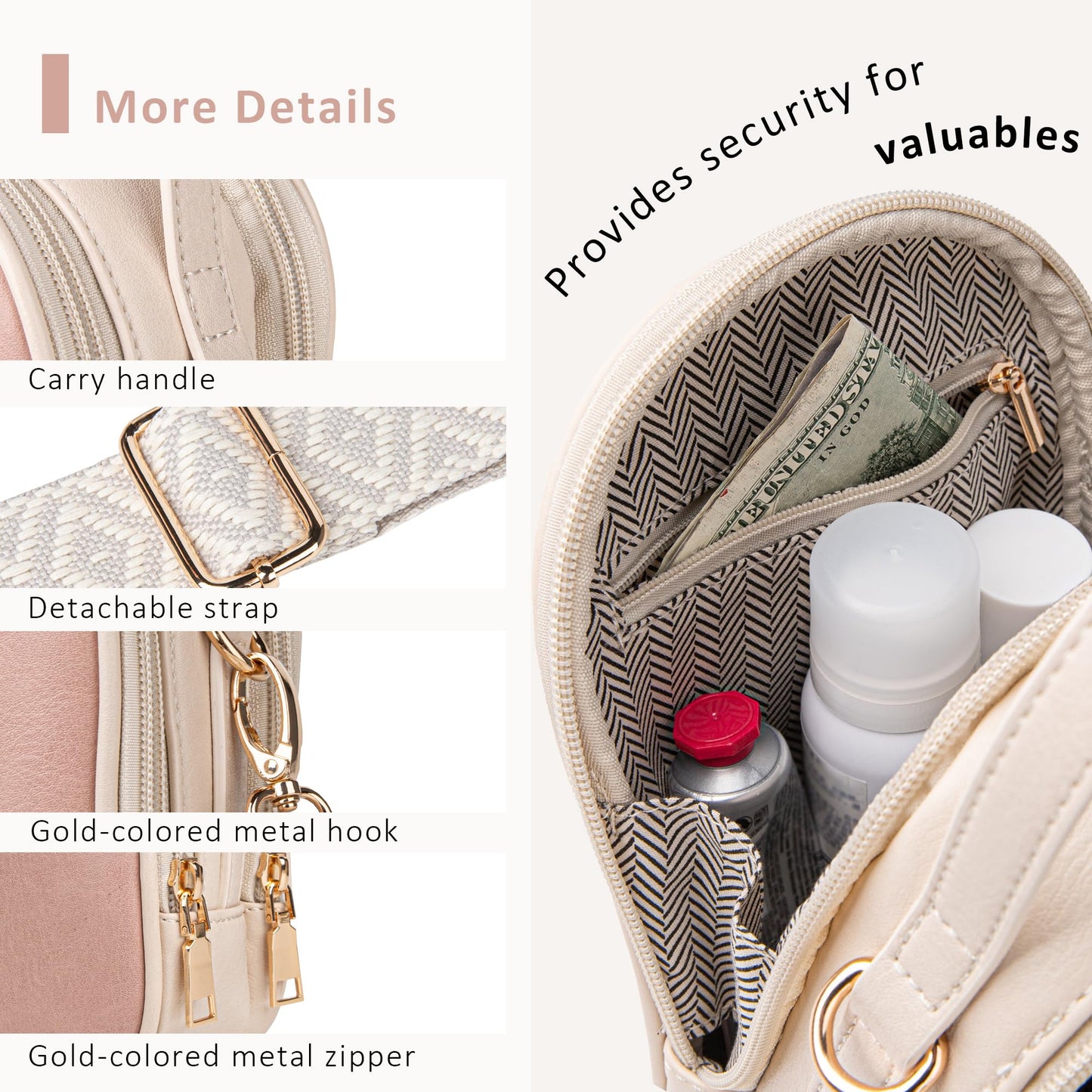 Shazory triple-zip crossbody bag detail and zippers