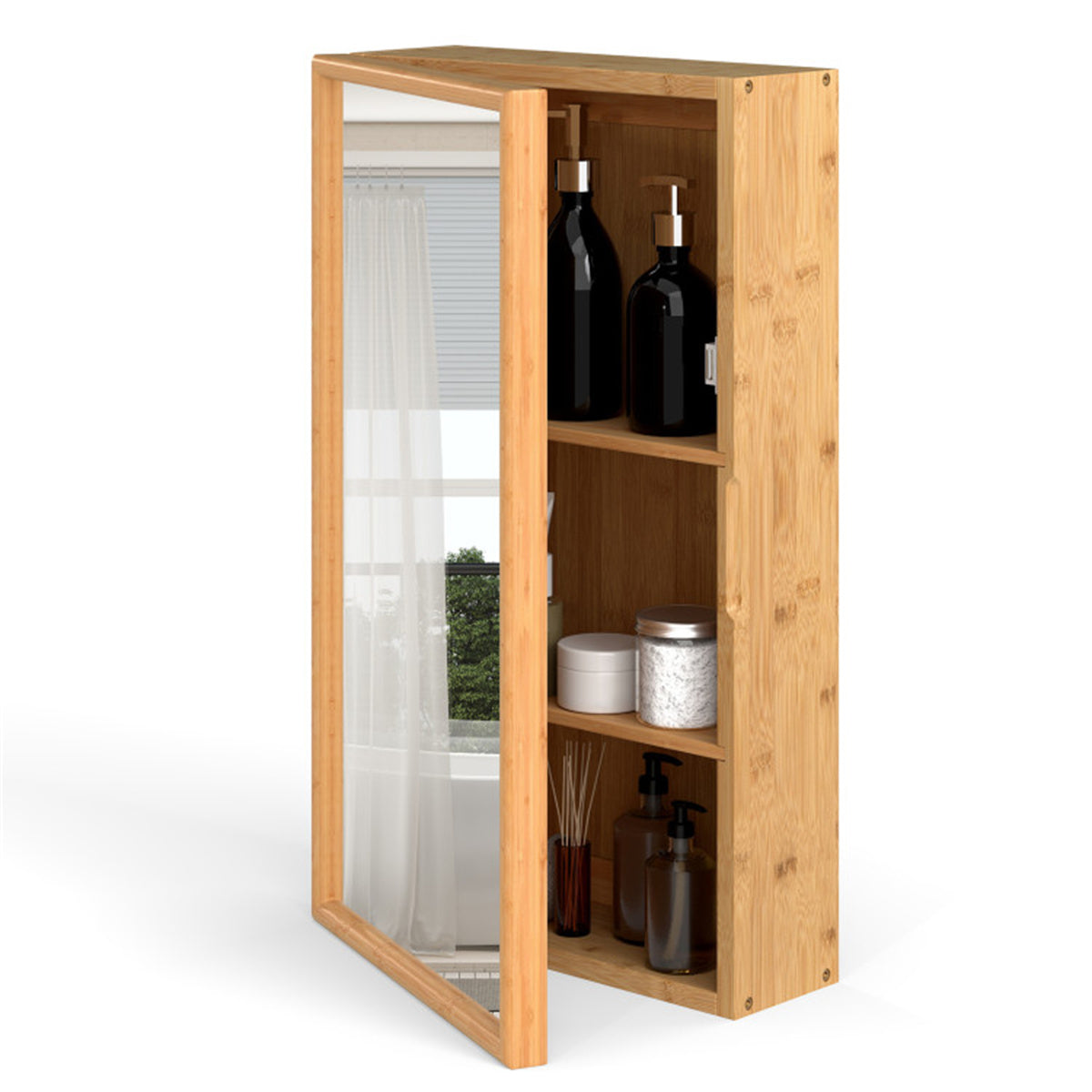 Shazory bamboo bathroom cabinet open shelf detail