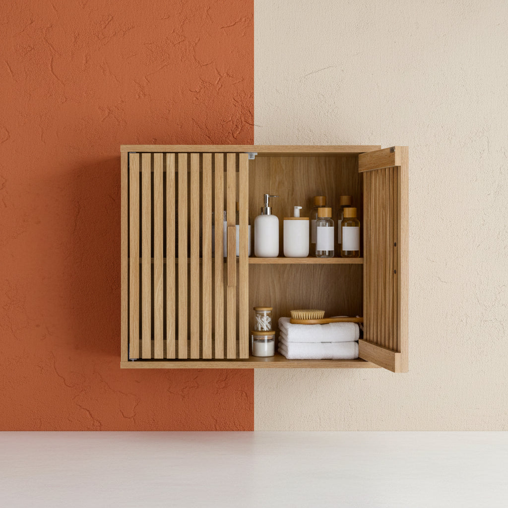 Shazory natural slatted wall storage cabinet wood organization