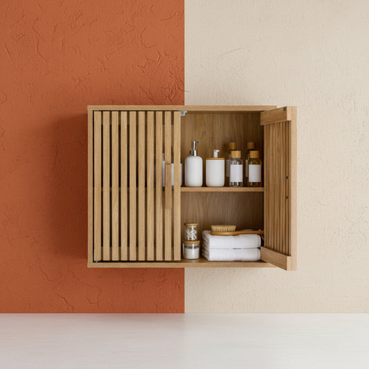 Shazory natural slatted wall storage cabinet wood organization