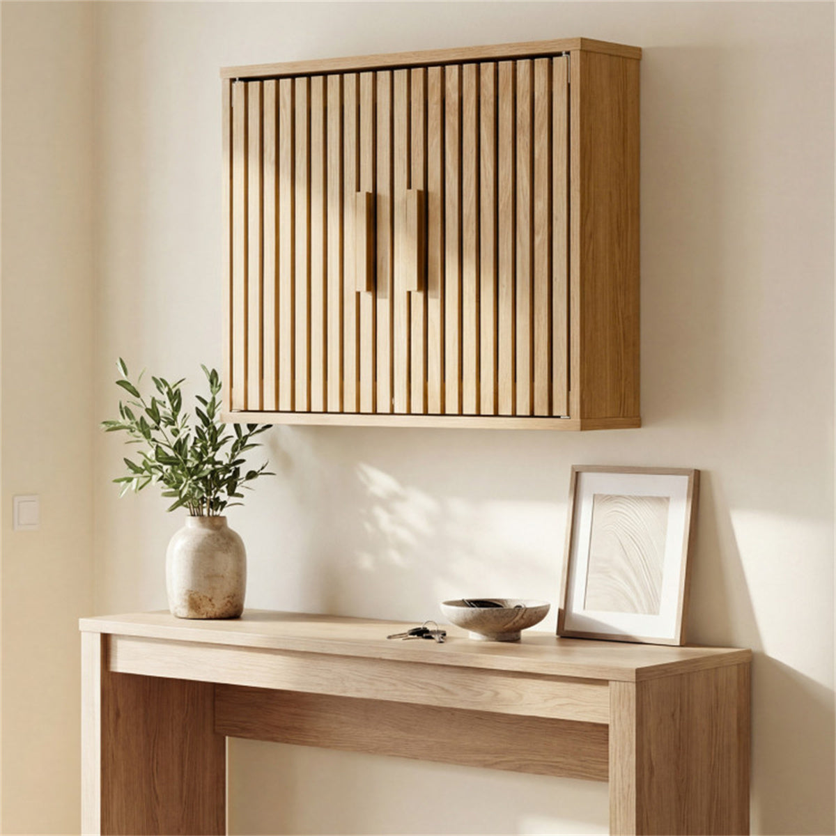 Shazory slatted wall cabinet wood grain close-up