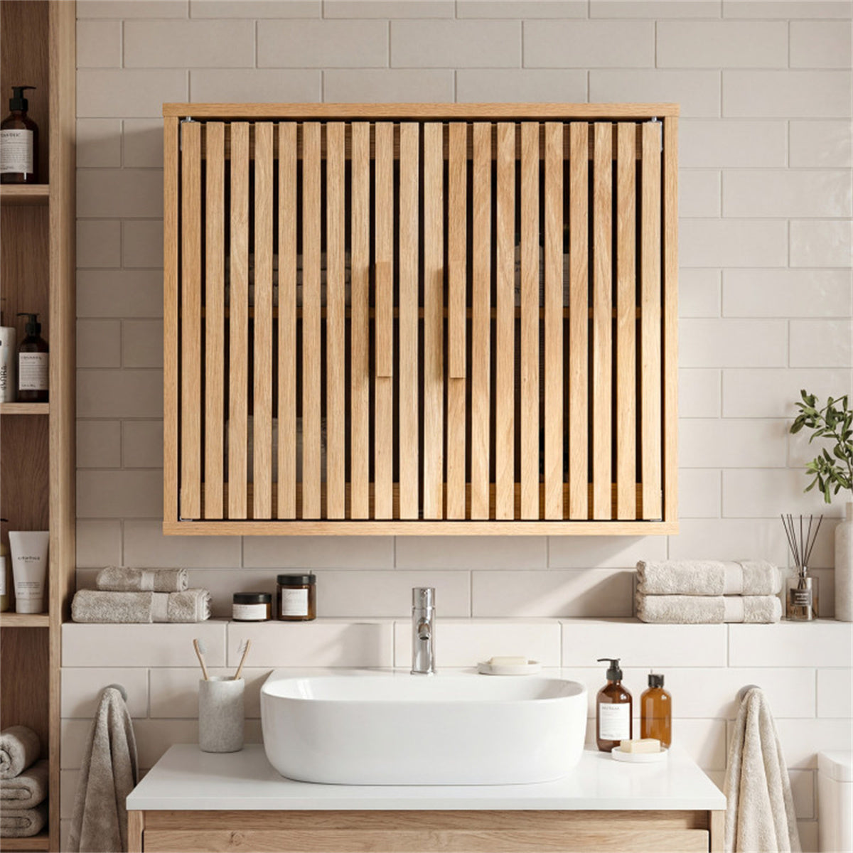 Shazory slatted wall storage cabinet front view