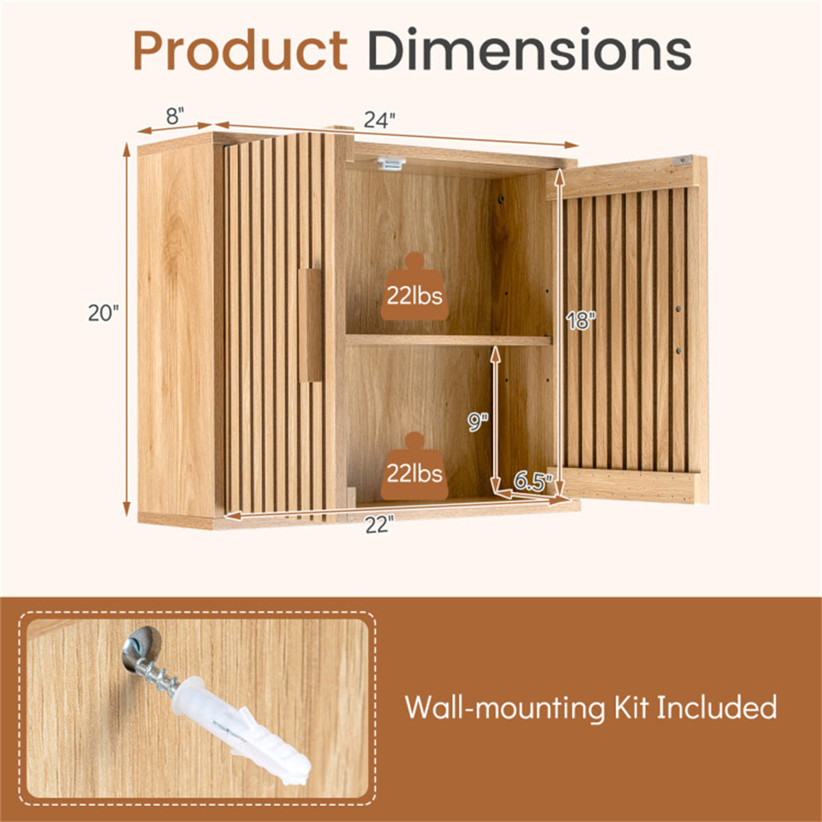 Shazory slatted wall cabinet interior shelf detail