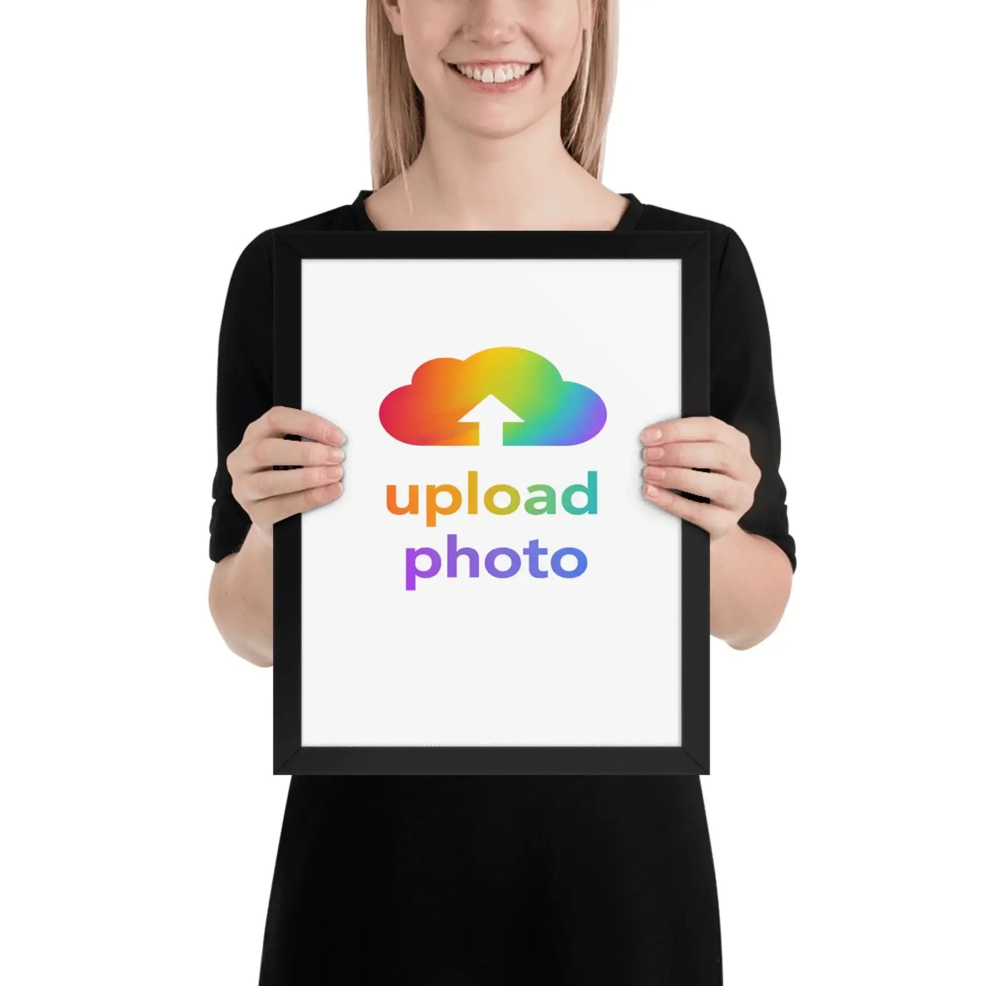 A woman holding a framed print featuring a colorful cloud icon and the text 'upload photo'.