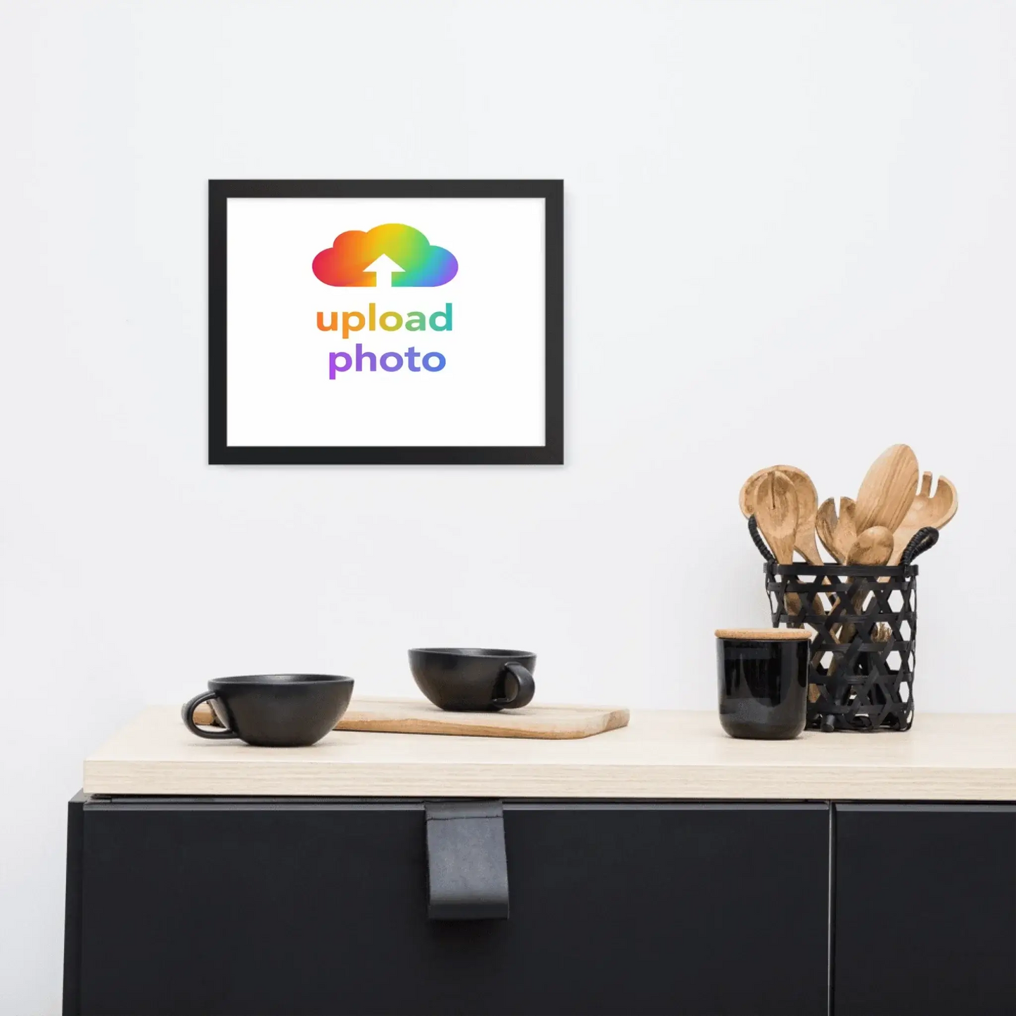Shazory Custom Velvet-Matte Art displayed in a modern kitchen setting with black cups and utensils.