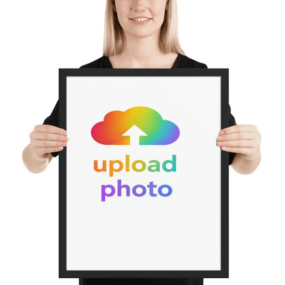 A woman holding a frame displaying an upload photo design with a colorful cloud graphic.