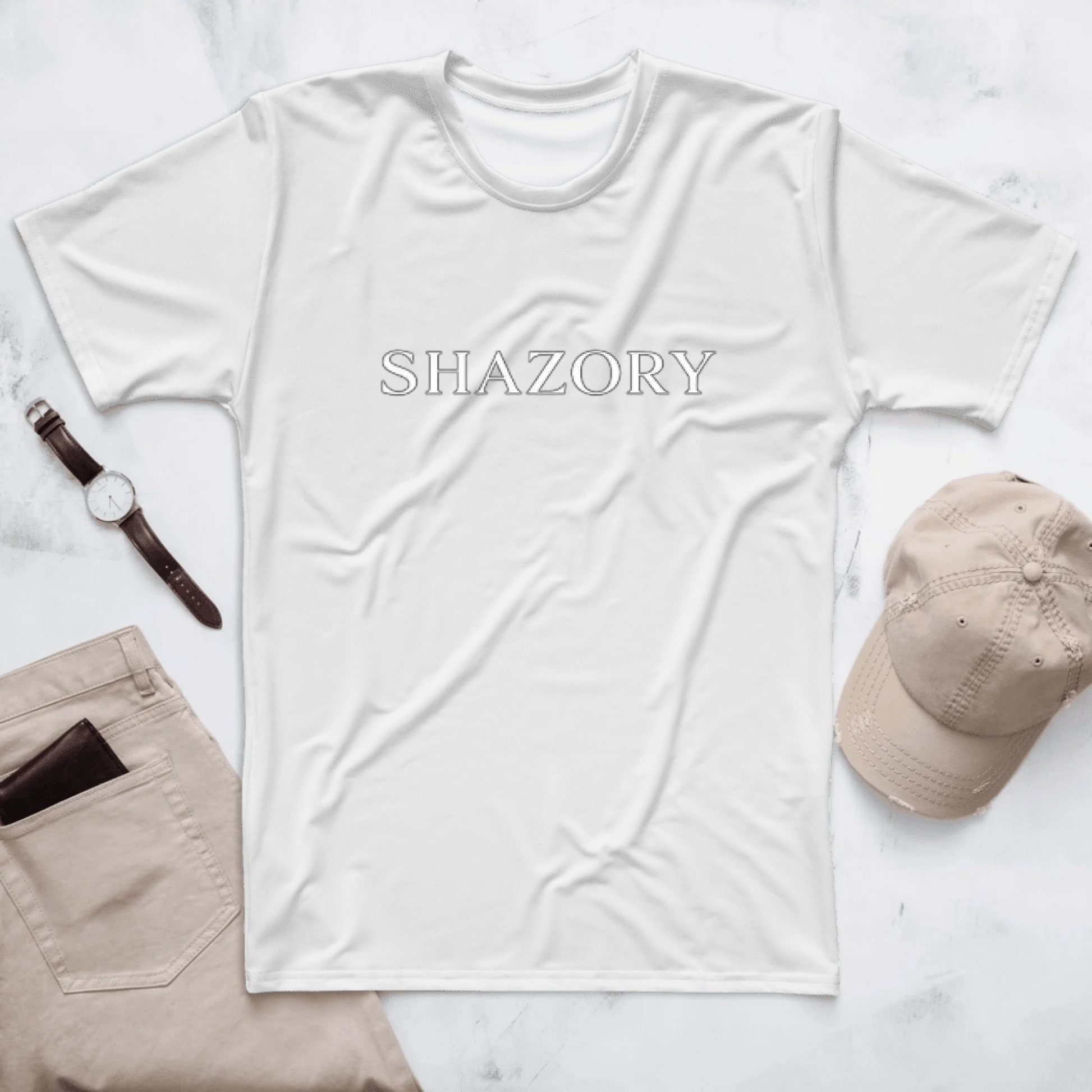 Lifestyle styling of personalized all-over print men's shirt — all-over print ready for daily use