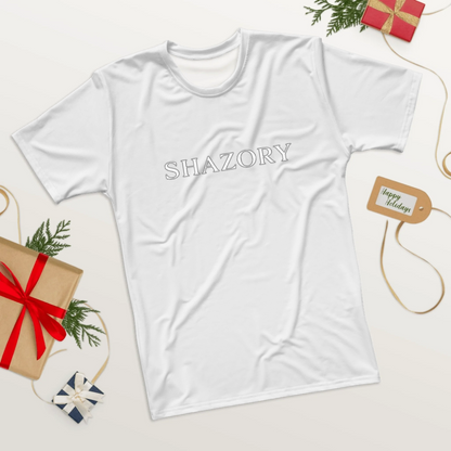 Side profile of custom all-over print men's shirt — personalized t-shirt detail