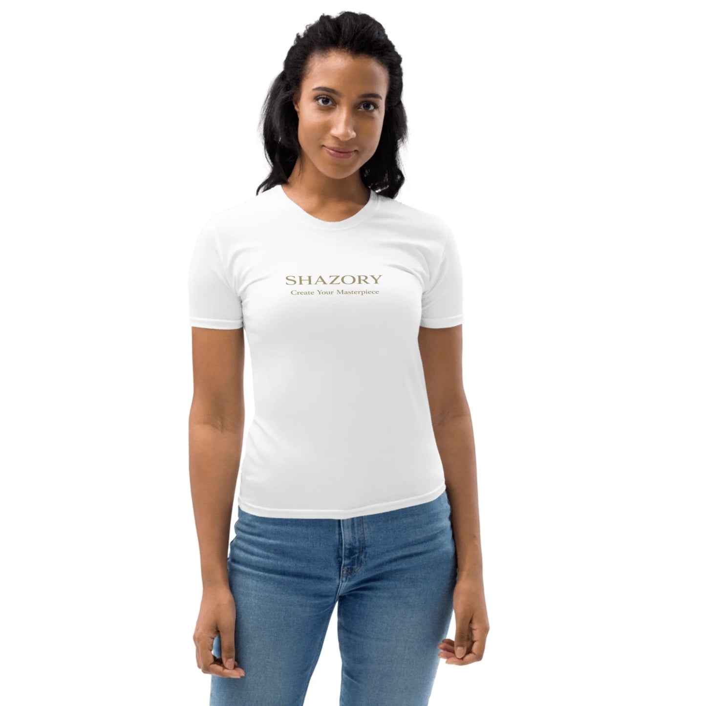 Close-up detail of custom photo print on women's all-over tee — t-shirt surface texture