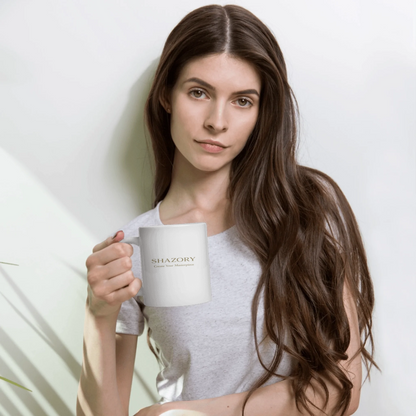Close-up detail of custom photo print on white glossy mug — mug surface texture