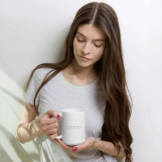 Lifestyle styling of personalized white glossy mug — ceramic mug ready for daily use