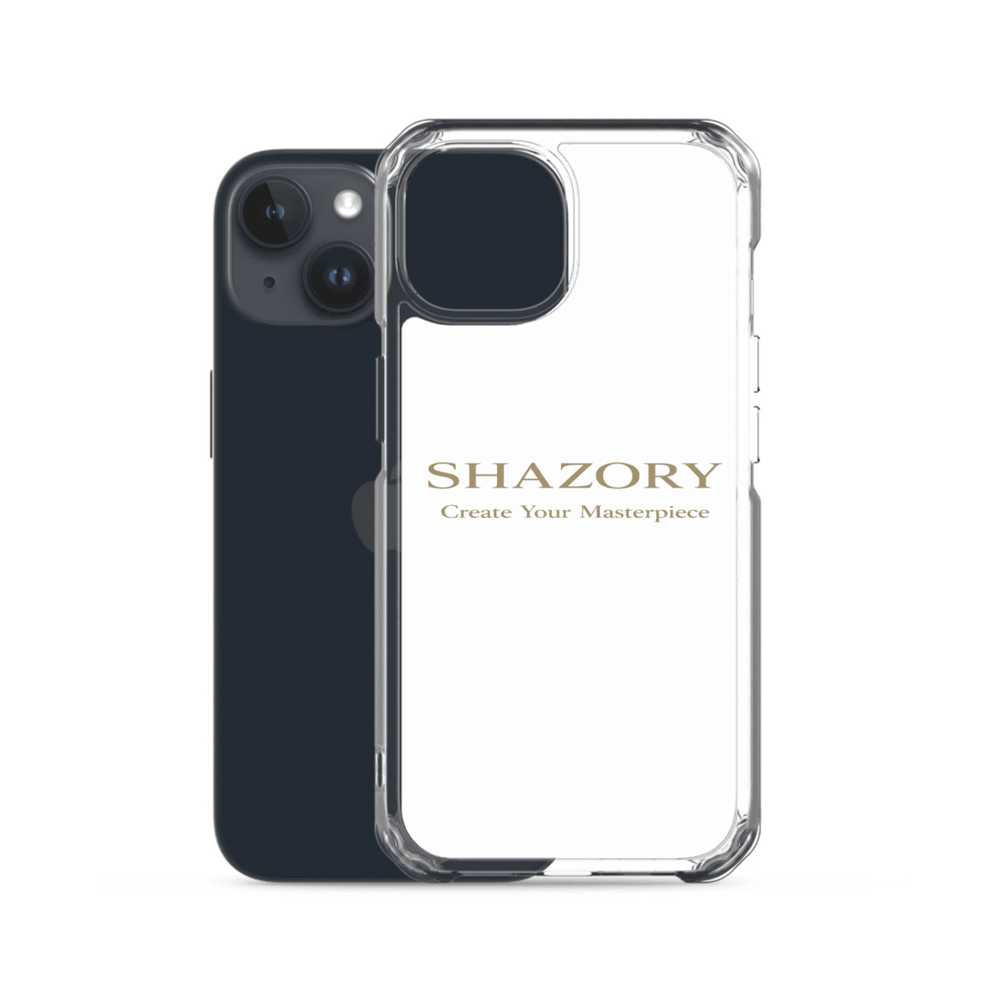 Custom clear iPhone 15 case shown off device — slim transparent personalized case with photo or design print