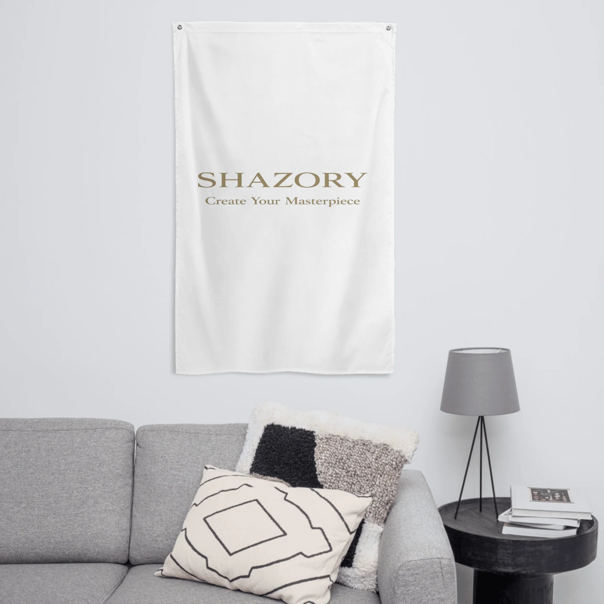 Side profile of custom all-over wall flag — personalized dorm decor detail