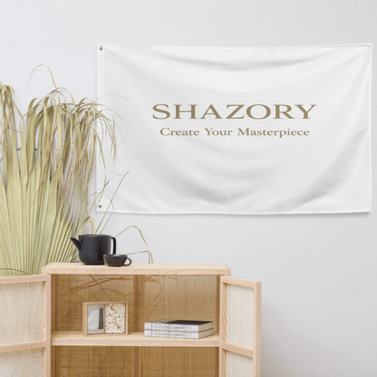 Lifestyle styling of personalized all-over wall flag — textile ready for daily use