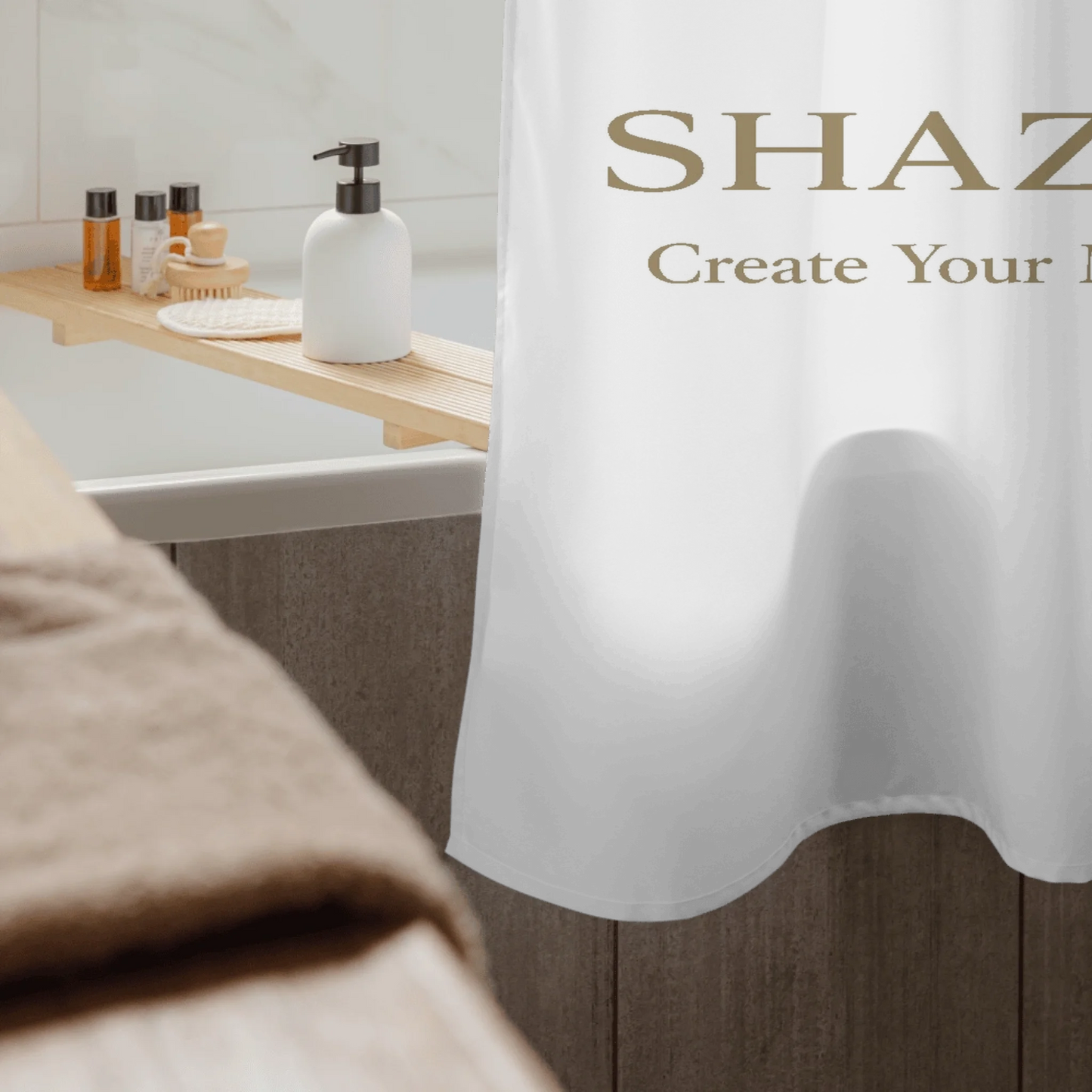 Lifestyle styling of personalized shower curtain — bath accessory ready for daily use