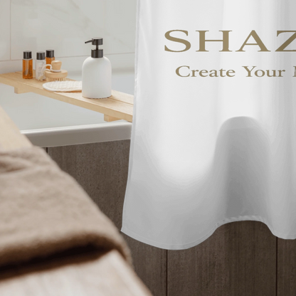 Lifestyle styling of personalized shower curtain — bath accessory ready for daily use