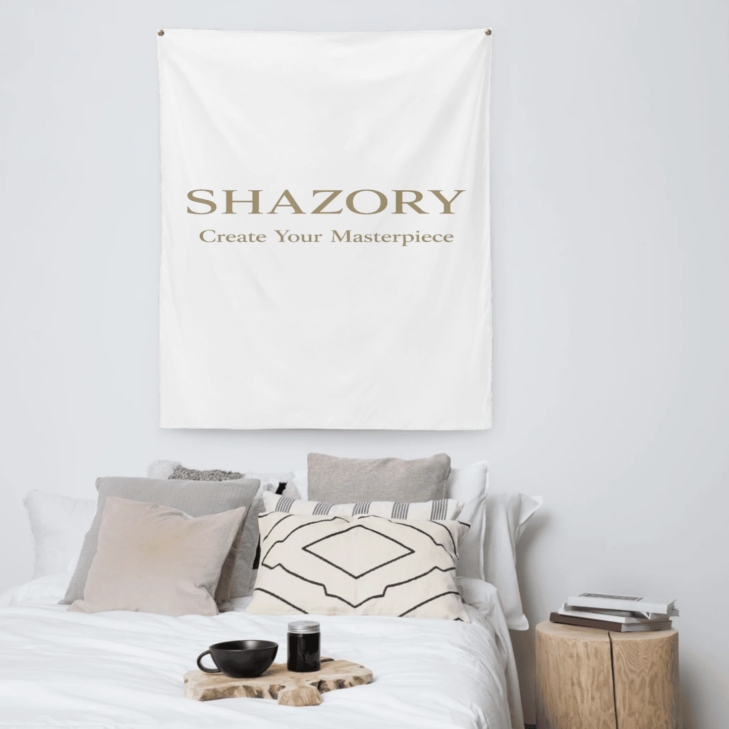 Lifestyle styling of personalized indoor wall tapestry — bedroom decor ready for daily use