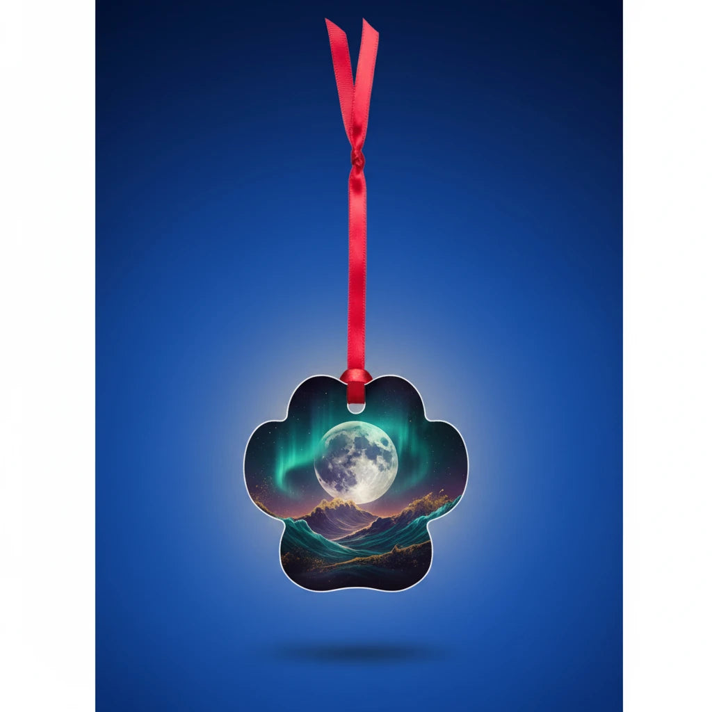 Close-up detail of custom photo print on metal ornament — ornament surface texture
