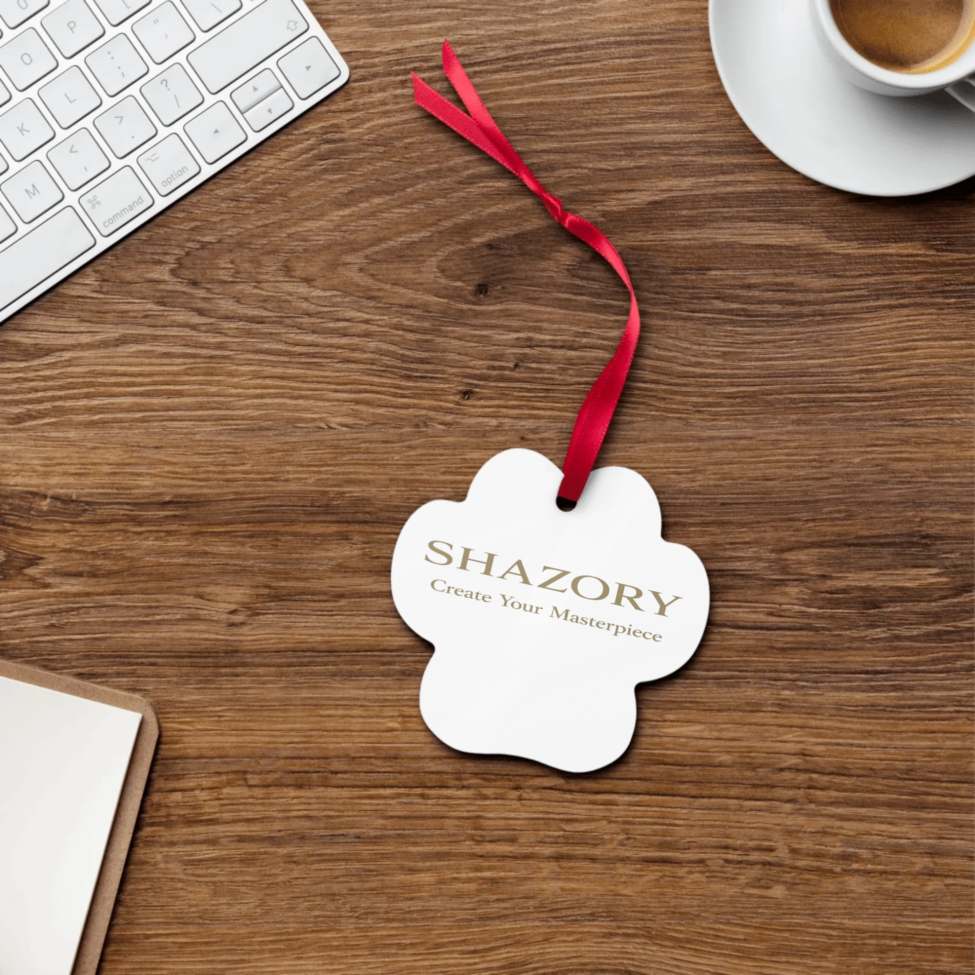 Lifestyle styling of personalized metal ornament — christmas decor ready for daily use