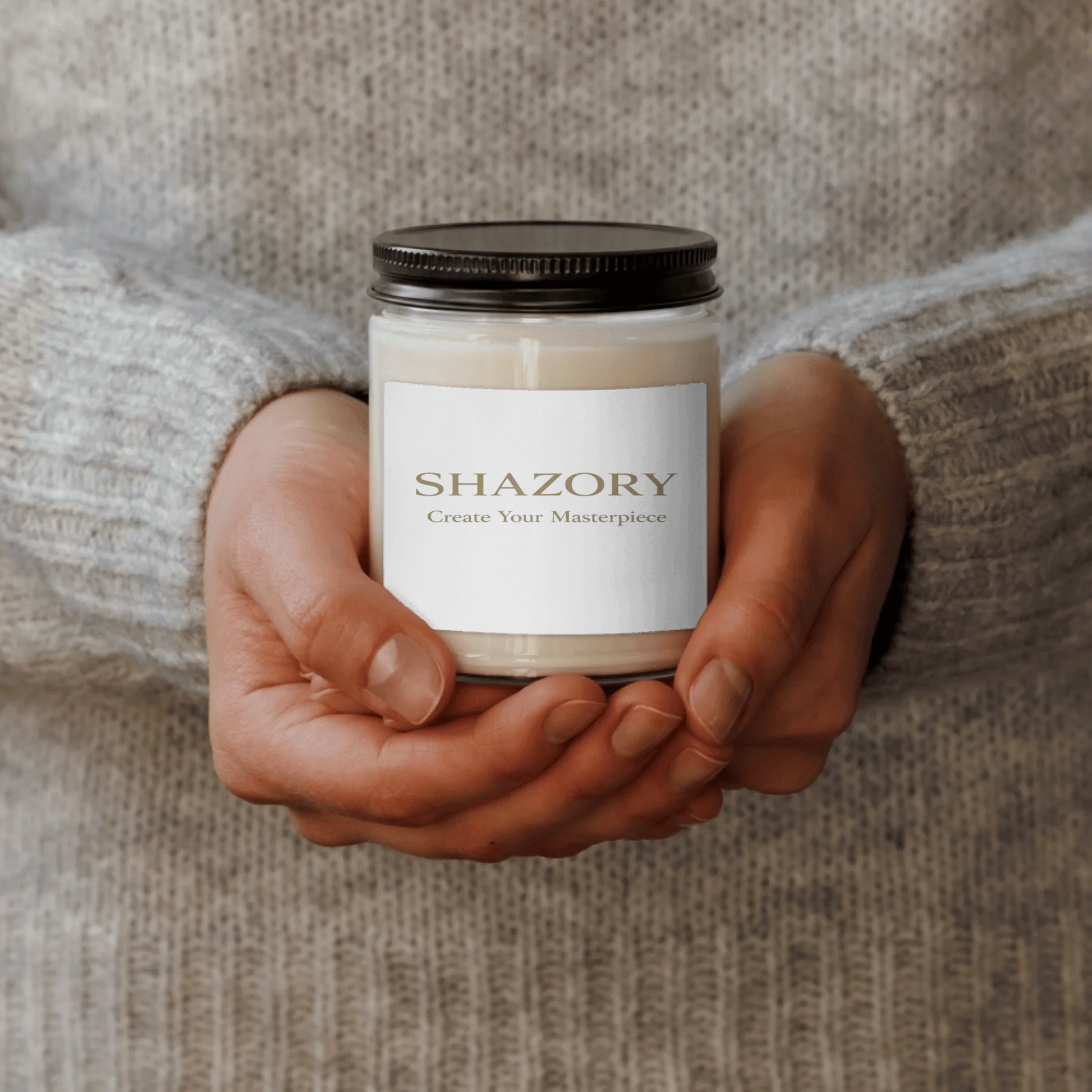 Lifestyle styling of personalized scented soy candle — candle ready for daily use